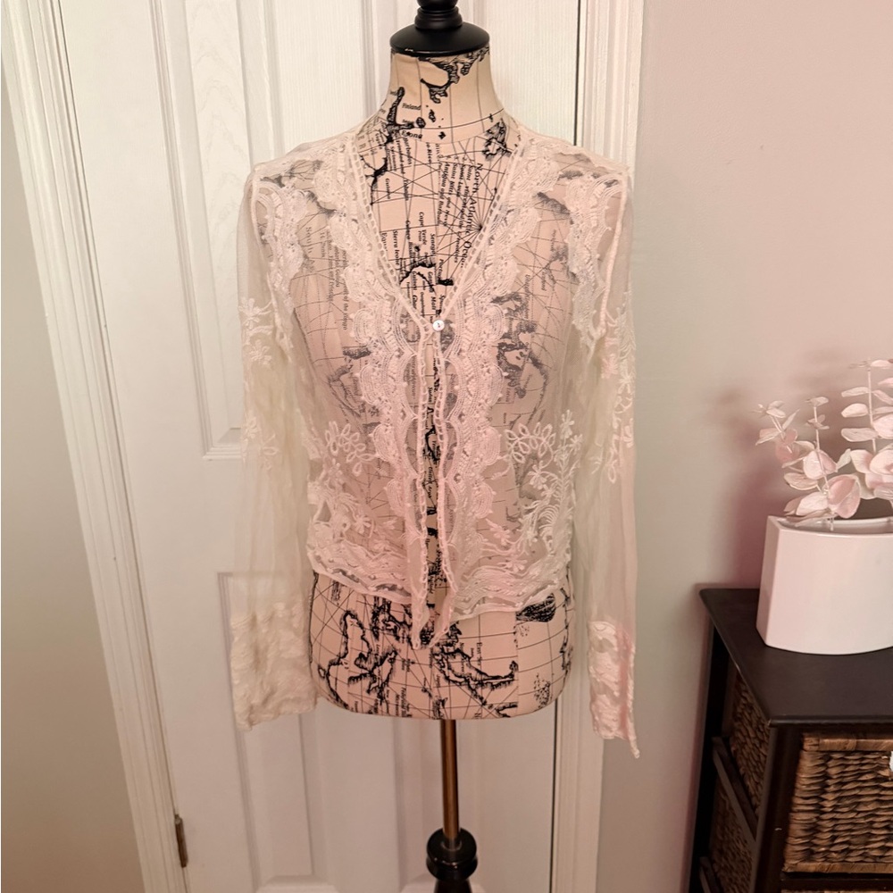 Nina Leonard Cotton Lace cover bolero cottage Western floral ivory cardigan L